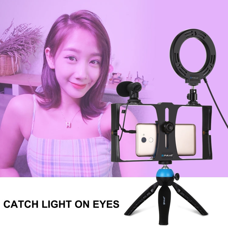 PULUZ 4 in 1 Vlogging Live Broadcast Smartphone Video Rig + 4.7 inch 12cm RGBW Ring LED Selfie Light + Microphone + Pocket Tripod Mount Kits with Cold Shoe Tripod Head(Blue) Eurekaonline