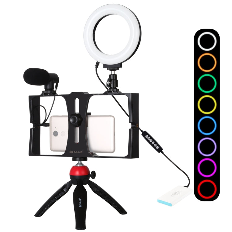 PULUZ 4 in 1 Vlogging Live Broadcast Smartphone Video Rig + 4.7 inch 12cm RGBW Ring LED Selfie Light + Microphone + Pocket Tripod Mount Kits with Cold Shoe Tripod Head(Red) Eurekaonline