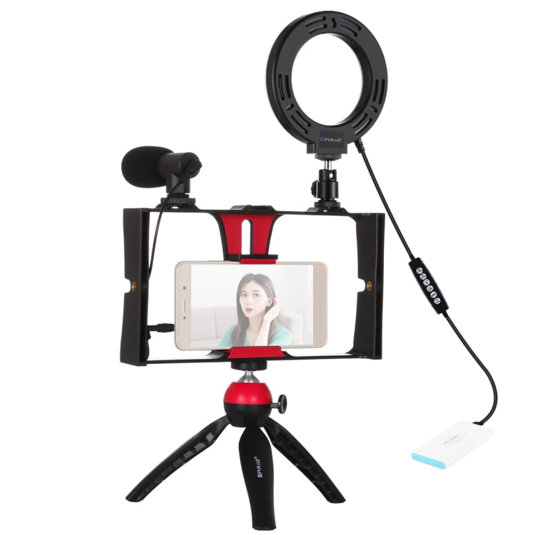 PULUZ 4 in 1 Vlogging Live Broadcast Smartphone Video Rig + 4.7 inch 12cm RGBW Ring LED Selfie Light + Microphone + Pocket Tripod Mount Kits with Cold Shoe Tripod Head(Red) Eurekaonline