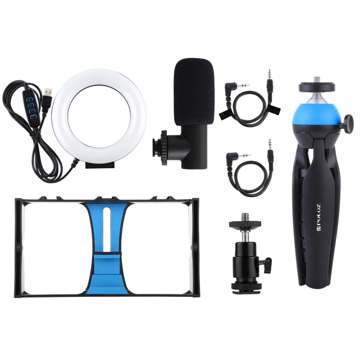 PULUZ 4 in 1 Vlogging Live Broadcast Smartphone Video Rig + 4.7 inch 12cm Ring LED Selfie Light Kits with Microphone + Tripod Mount + Cold Shoe Tripod Head for iPhone, Galaxy, Huawei, Xiaomi, HTC, LG, Google, and Other Smartphones(Blue) Eurekaonline