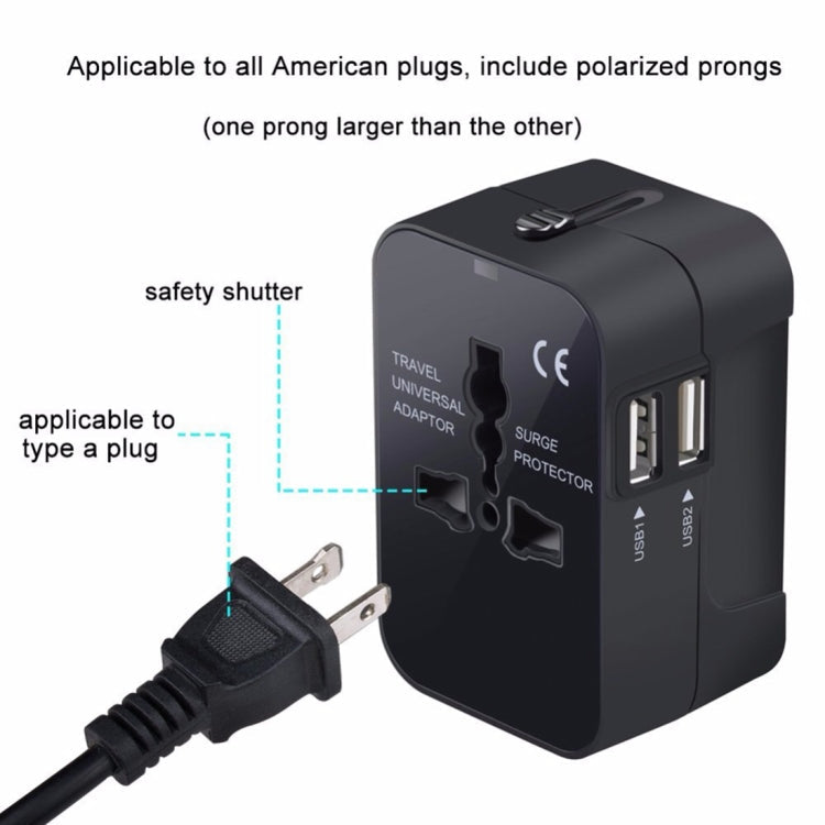 Portable Multi-function Dual USB Ports Global Universal Travel Wall Charger Power Socket, For iPad , iPhone, Galaxy, Huawei, Xiaomi, LG, HTC and Other Smart Phones, Rechargeable Devices(Black) Eurekaonline