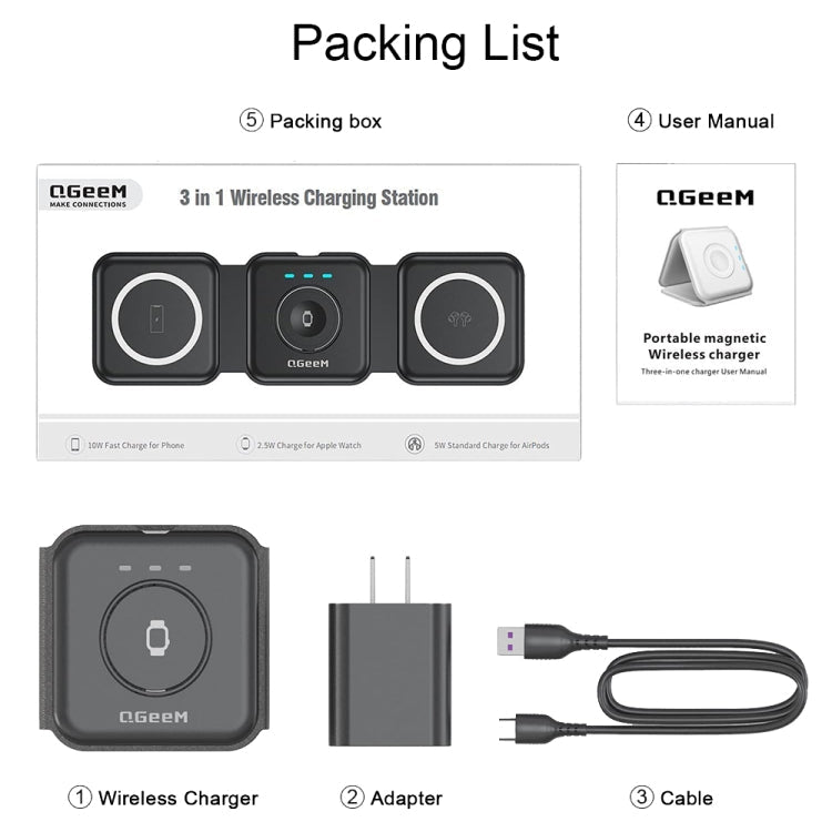 QGeeM WC07 3 In 1 Foldable Magnetic Phone Wireless Charger, US Plug(Black) Eurekaonline