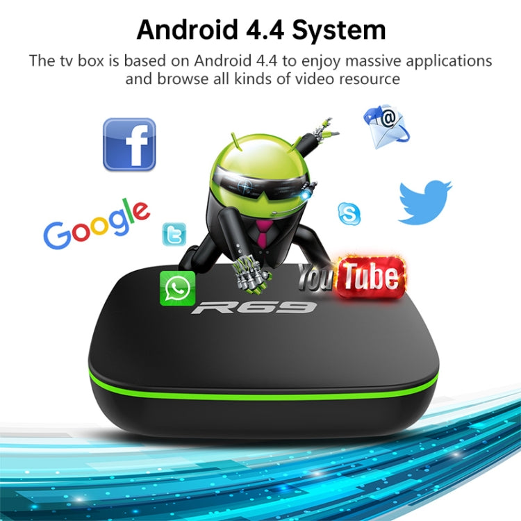 R69 1080P HD Smart TV BOX Android 4.4 Media Player with Remote Control, Quad Core Allwinner H3, RAM: 1GB, ROM: 8GB, 2.4G WiFi, LAN, US Plug Eurekaonline