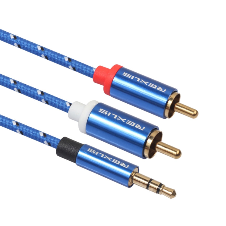 REXLIS 3610 3.5mm Male to Dual RCA Gold-plated Plug Blue Cotton Braided Audio Cable for RCA Input Interface Active Speaker, Length: 10m Eurekaonline