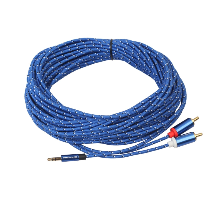 REXLIS 3610 3.5mm Male to Dual RCA Gold-plated Plug Blue Cotton Braided Audio Cable for RCA Input Interface Active Speaker, Length: 10m Eurekaonline