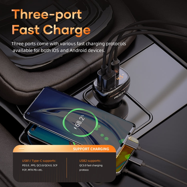 ROCK C301 60W Smart Digital Display Three Ports Car Charger(Black) Eurekaonline