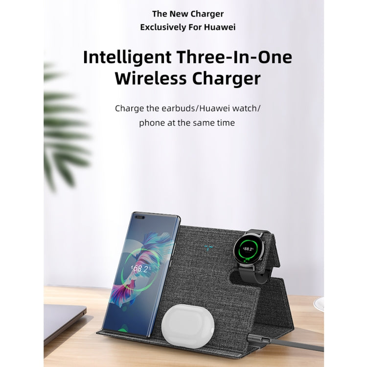 ROCK RWC-0518 3 In 1 Intelligent PU Leather Wireless Charger Station for Huawei Watch / Smart Phones / Wireless Earphone(Grey) Eurekaonline