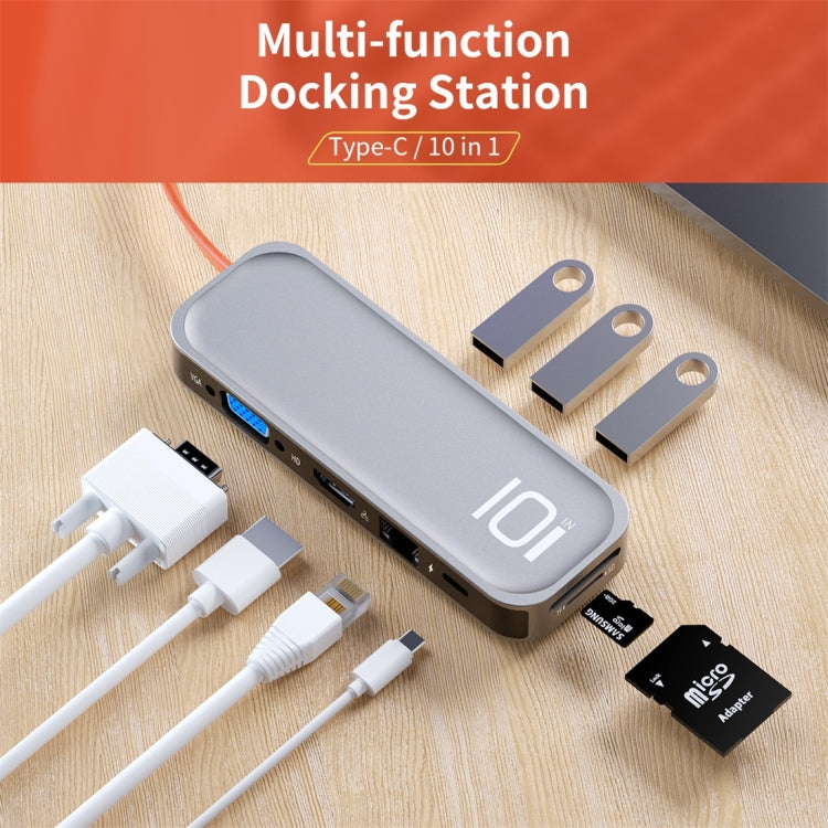 ROCK TR01 10 In 1 Type-C / USB-C to HDMI + VGA Multifunctional Extension HUB Adapter(Silver) Eurekaonline