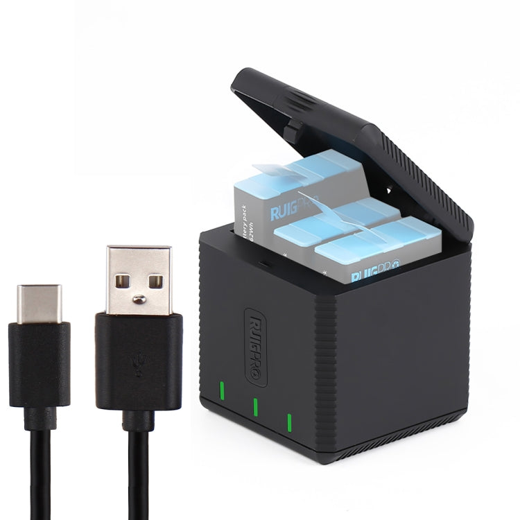 RUIGPRO USB Triple Batteries Housing Charger Box with Cable & Indicator Light for GoPro HERO9 Black / HERO10 Black(Black) Eurekaonline