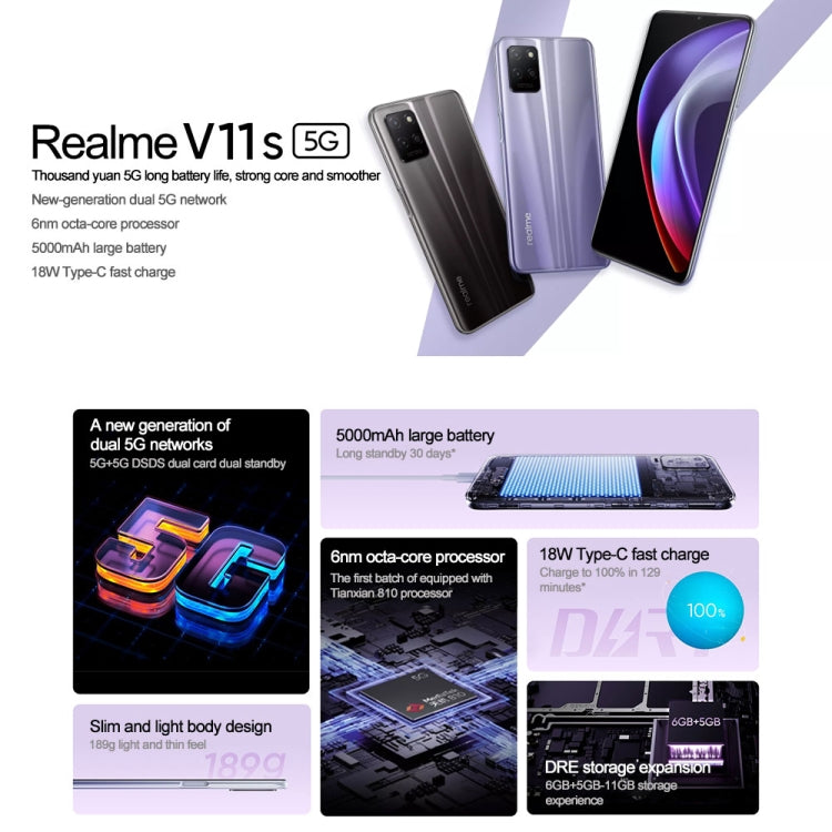 Realme V11s 5G, 4GB+128GB, Dual Back Cameras, Side Fingerprint Identification, 5000mAh Battery, 6.5 inch Realme UI 2.0 / Android 11 MediaTek Dimensity 810 Octa Core up to 2.4GHz, Network: 5G, Support Google Play(Twilight Purple) Eurekaonline