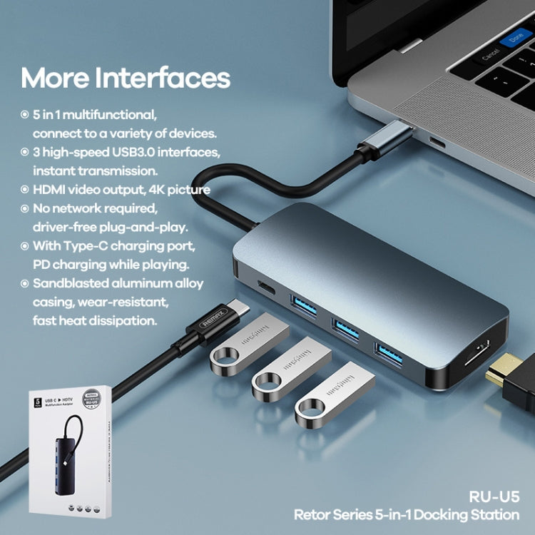 Remax RU-U5 5 In1 Multi-function Type-C / USB-C HUB Docking Station(Dark Grey) Eurekaonline