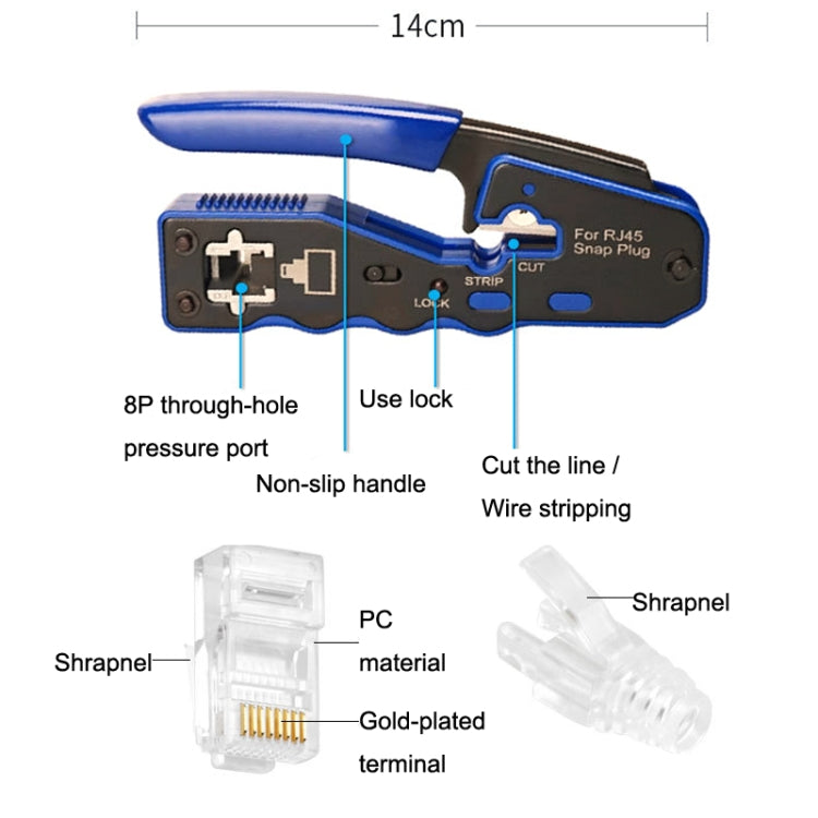Rj45 8P Through-hole Crystal Head Connector Jacket Network Tool Stripping Wire Cable Pliers Set(Blue) Eurekaonline