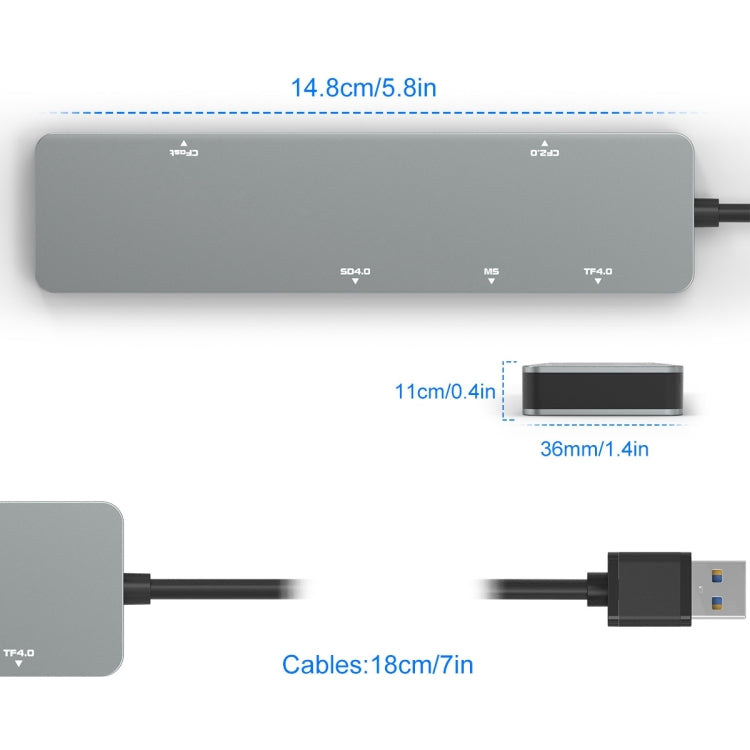 Rocketek CR308 USB3.0 Multi-function Card Reader CF / CFast / SD / MS / TF Card 5 in 1 (Silver Grey) Eurekaonline