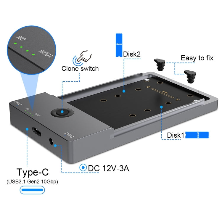 Rocketek ME921 USB3.1 Gen2 Dual M.2 Solid State Drive Box NVMe Docking Station, EU Plug Eurekaonline