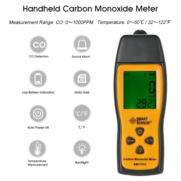 Smart Sensor AS8700A Handheld Carbon Monoxide Meter High Precision Digital CO Leak Detector Analyzer,  Sound  Light Alarm, Range: 0-1000ppm Eurekaonline