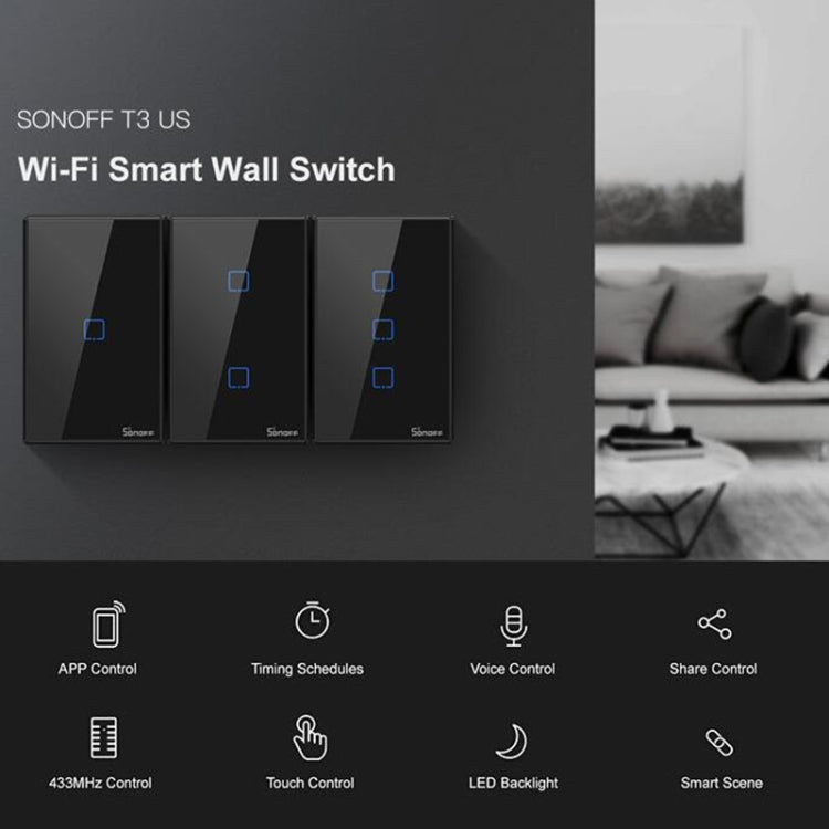 Sonoff T3 US-TX 433 RF WIFI Smart Remote Control Wall Touch Switch, US Plug, Style:Three Buttons Eurekaonline