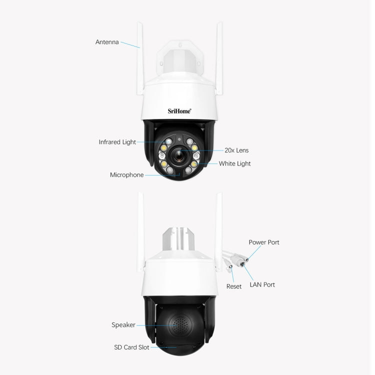 SriHome SH041 5.0MP 20X Optical Zoom 2.4G/5G WiFi Waterproof AI Auto Tracking H.265 Video Surveillance, Plug Type:EU Plug(White) Eurekaonline