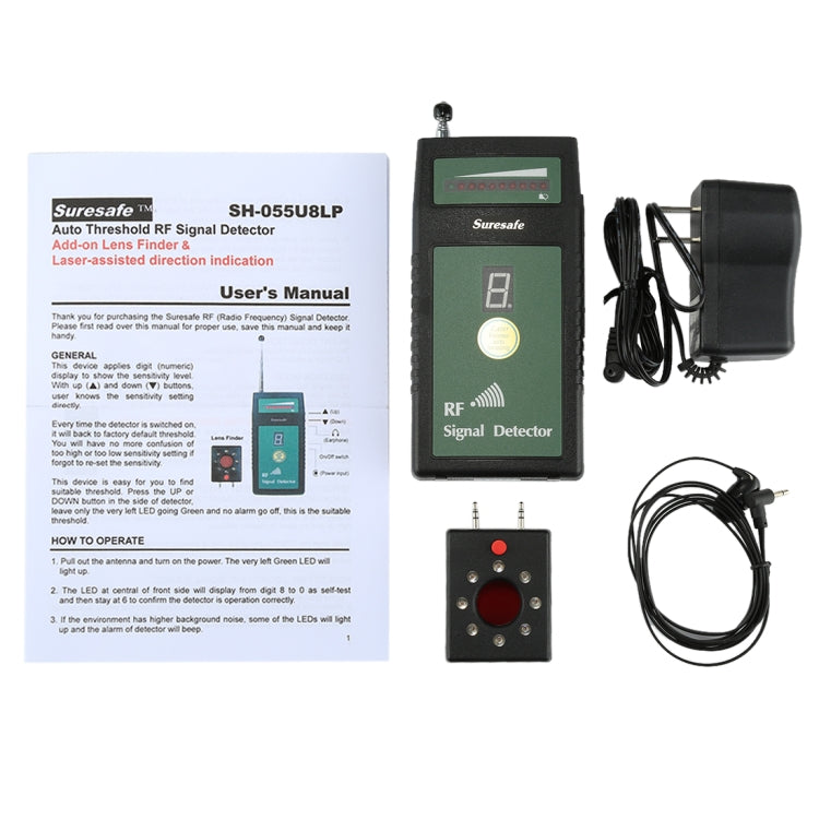 Suresafe SH-055U8LP Auto Threshold RF Signal Detector Camera Detector with 8 LEDs, Detection Frequency: 50 MHz-6.0 GHz, US/EU/UK Plug, AC 100-240V Eurekaonline