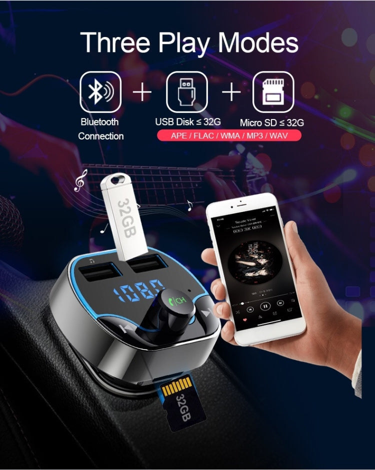 T24FM Transmitter Quick Charge Voice Navigation Car Hands-free Phone Bluetooth MP3 Player Black Eurekaonline