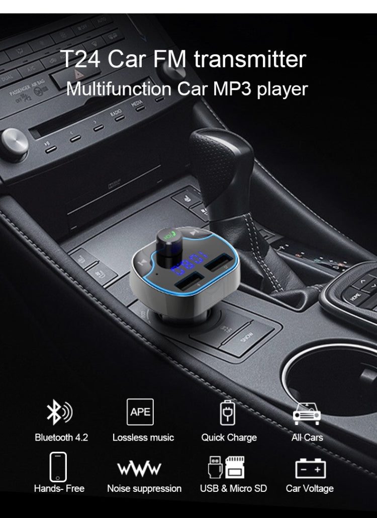 T24FM Transmitter Quick Charge Voice Navigation Car Hands-free Phone Bluetooth MP3 Player Black Eurekaonline