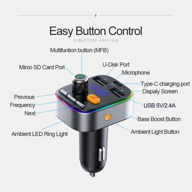T48C Car Bluetooth 5.0 Fm Transmitter Kit Dual USB with Type-C 5V 2.4A Car Charger Eurekaonline
