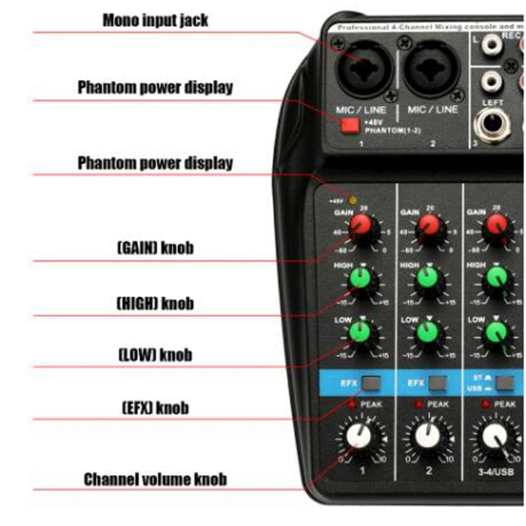 TU04 BT Sound Mixing Console Record 48V Phantom Power Monitor AUX Paths Plus Effects 4 Channels Audio Mixer with USB(Black) Eurekaonline
