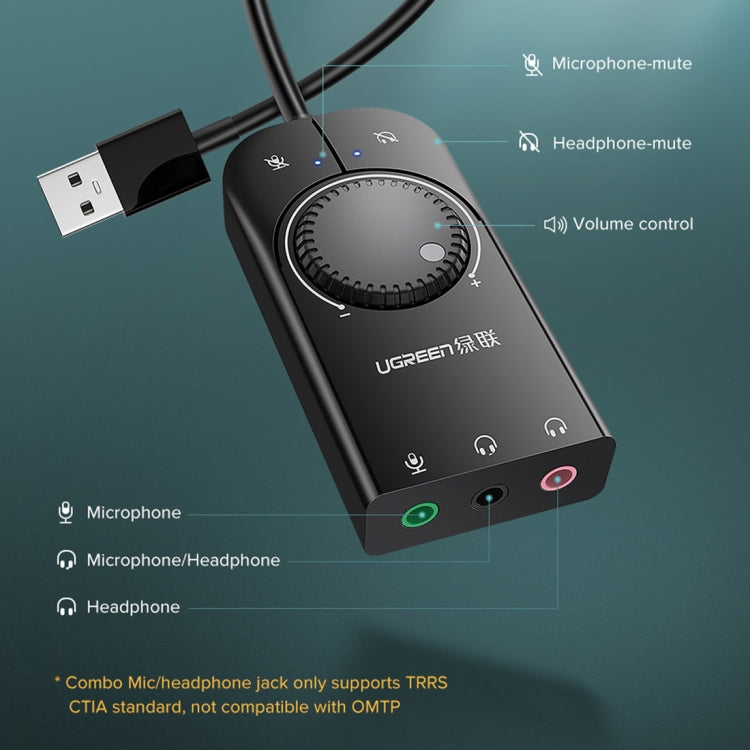 UGREEN CM109 USB to 3-ports 3.5mm Computer External Audio Card with Volume Adjustment Wheel, Length: 15cm Eurekaonline