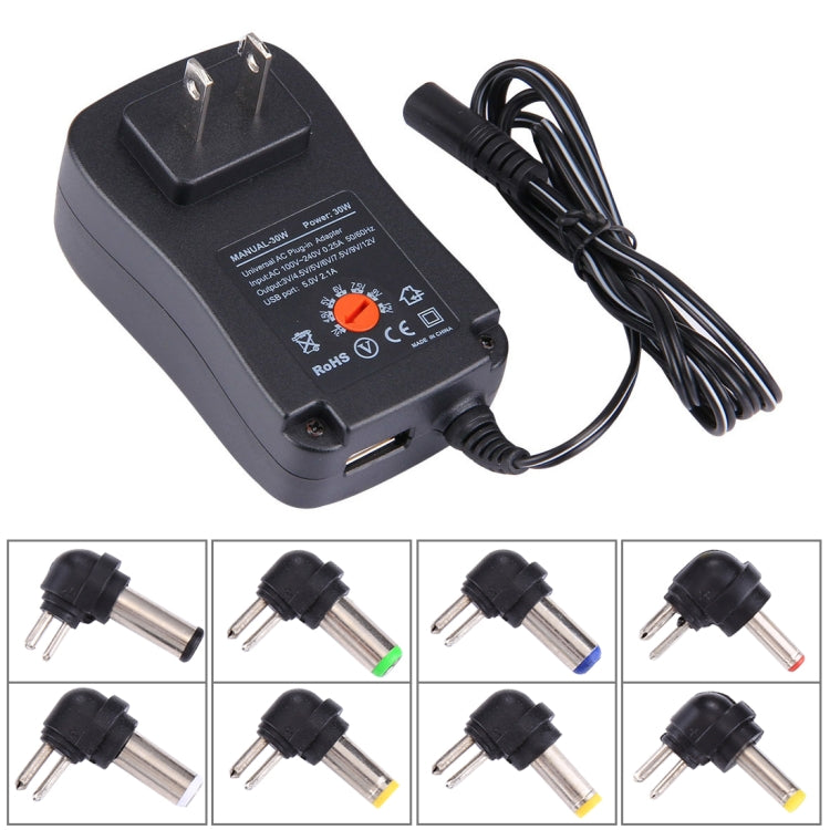 US Plug Universal 30W Power Wall Plug-in Adapter with 5V 2.1A USB Port, Tips: 6 PCS, Cable Length: About 1.2m Eurekaonline