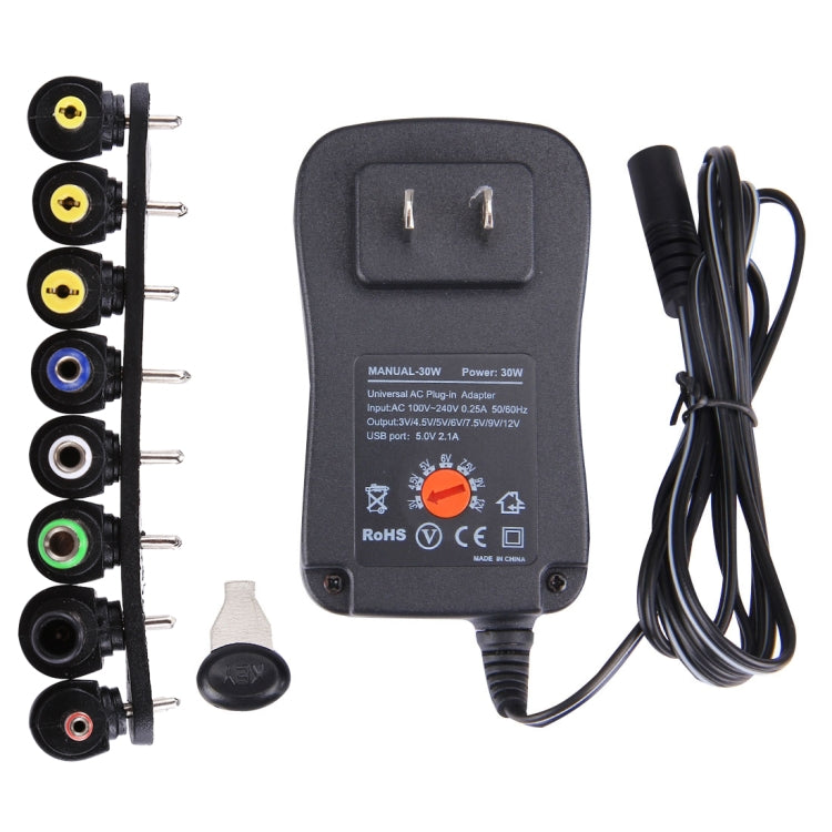 US Plug Universal 30W Power Wall Plug-in Adapter with 5V 2.1A USB Port, Tips: 6 PCS, Cable Length: About 1.2m Eurekaonline