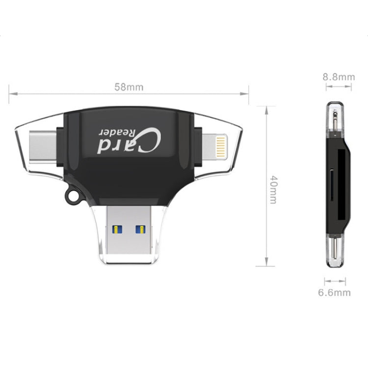 USB 2.0+8Pin +Type-C+Micro USB 4 In 1 Card Reader Supports Reading SD&TF Card(Black) Eurekaonline