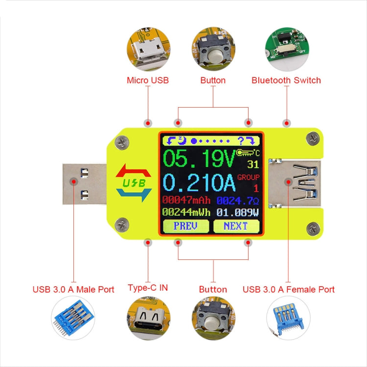 USB 3.0 Color Display Screen Tester Voltage-current Measurement Type-C Meter, Support Android APP, Model:UM34C with Bluetooth Eurekaonline