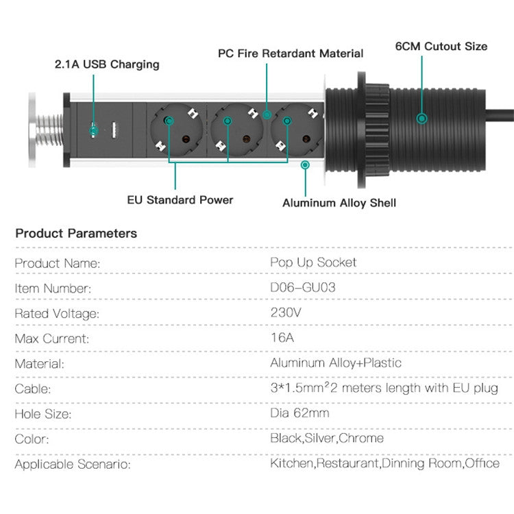 USB Desktop Office Kitchen Socket Hidden Desktop Socket，EU Plug Eurekaonline