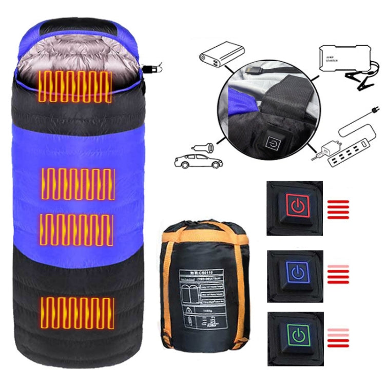 USB Electric Heating Down Cotton Sleeping Bag 3-speed Temperature Adjustment (180+30)x75cm(Blue) Eurekaonline