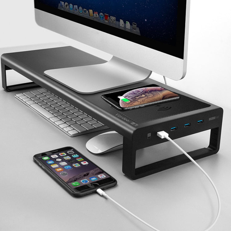 Vaydeer Metal Display Increase Rack Multifunctional Usb Wireless Laptop Screen Stand, Style:L-Wireless Charging-Black(Wireless Charger+1xSplitter+4xUSB3.0) Eurekaonline