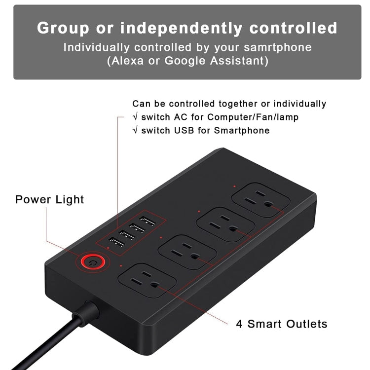 WiFi 10A SM-SO301-U 2500W 4 Holes + 4 USB Smart Power Strip, US Plug(Black) Eurekaonline