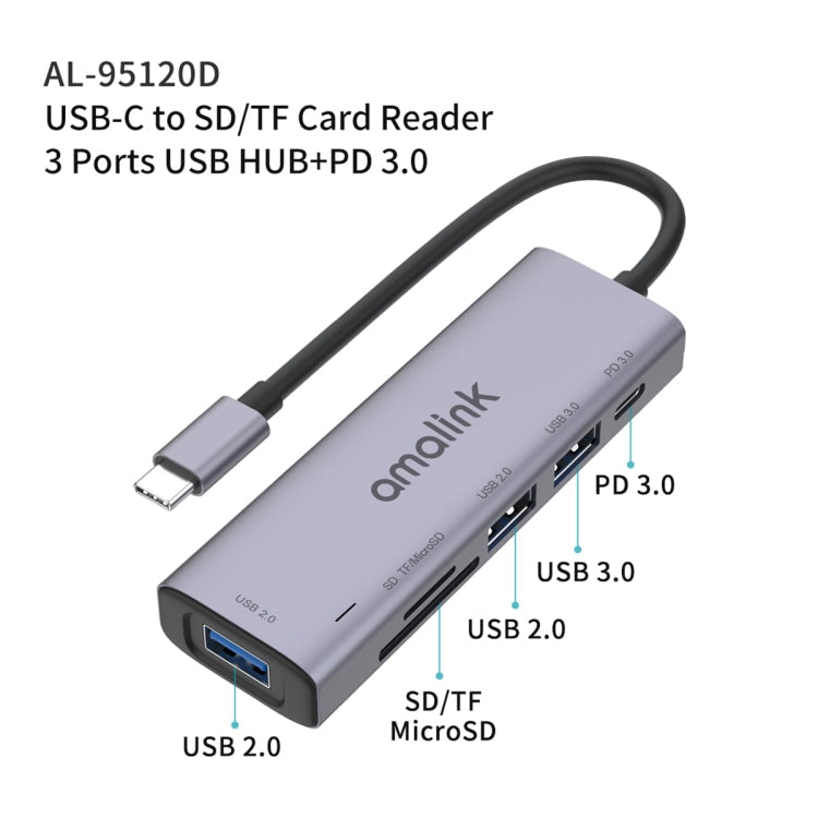 amalink 95120D Type-C / USB-C to SD/TF + 3 Ports USB + PD 3.0 Multi-function HUB (Grey) Eurekaonline