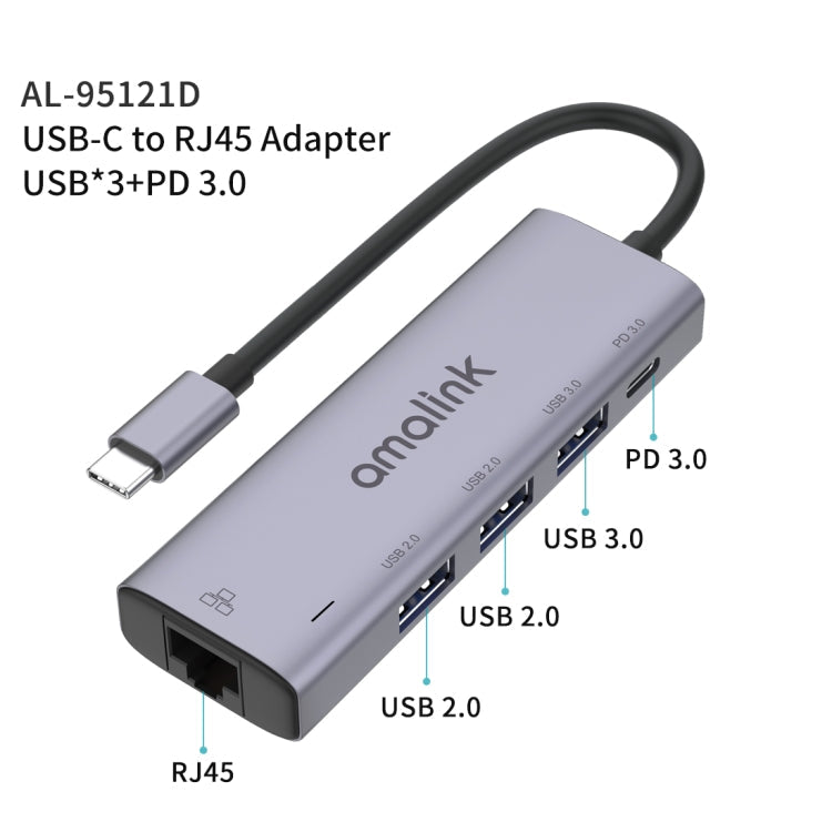 amalink 95121D Type-C / USB-C to RJ45 + 3 Ports USB + PD 3.0 Multi-function HUB(Grey) Eurekaonline