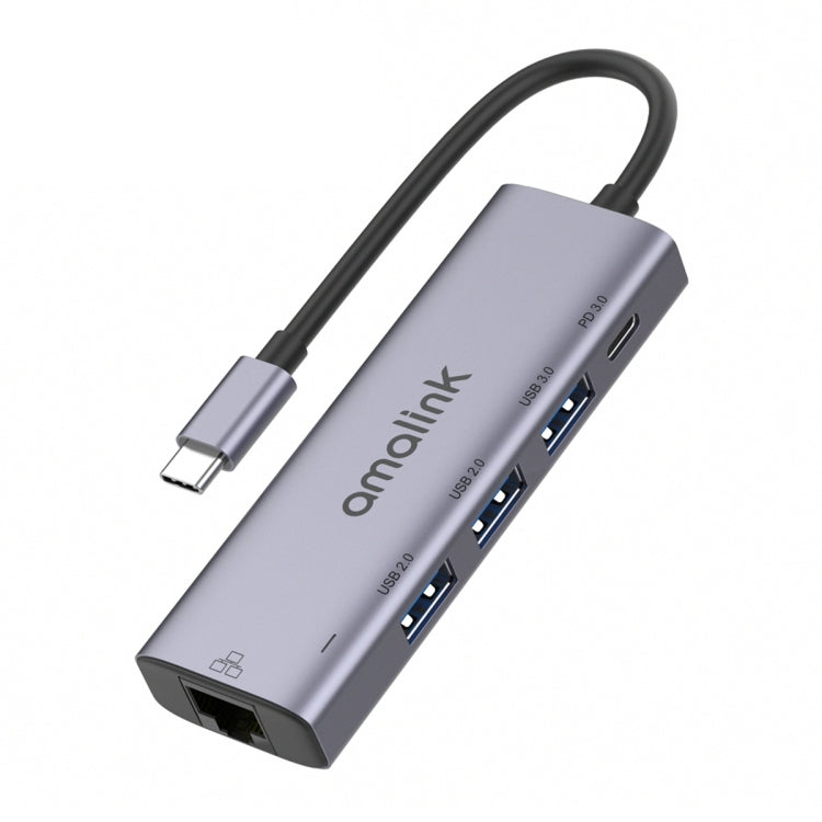 amalink 95121D Type-C / USB-C to RJ45 + 3 Ports USB + PD 3.0 Multi-function HUB(Grey) Eurekaonline