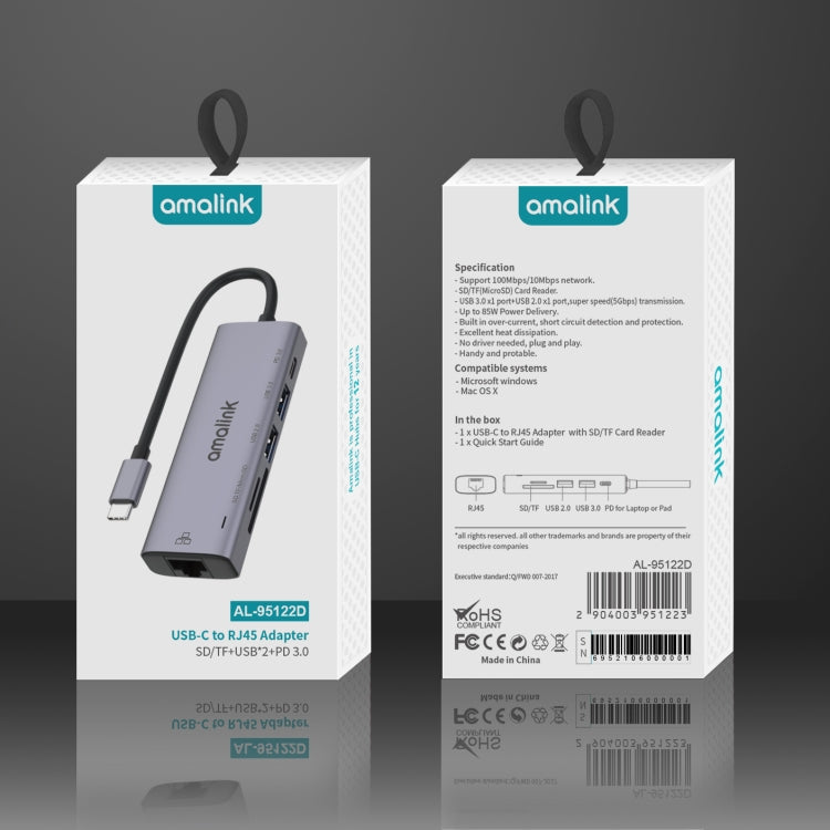 amalink 95122D Type-C / USB-C to RJ45 + 2 Ports USB + PD 3.0 Multi-function HUB(Grey) Eurekaonline