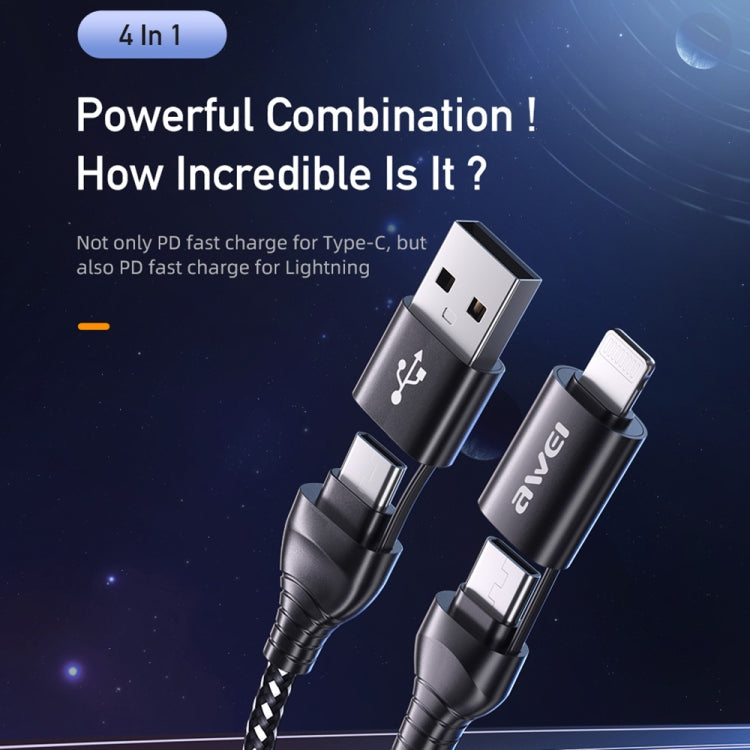 awei CL-126 1.2m 4 in 1 USB to USB-C / Type-C to 8Pin Data Fast Charging Cable(Black) Eurekaonline