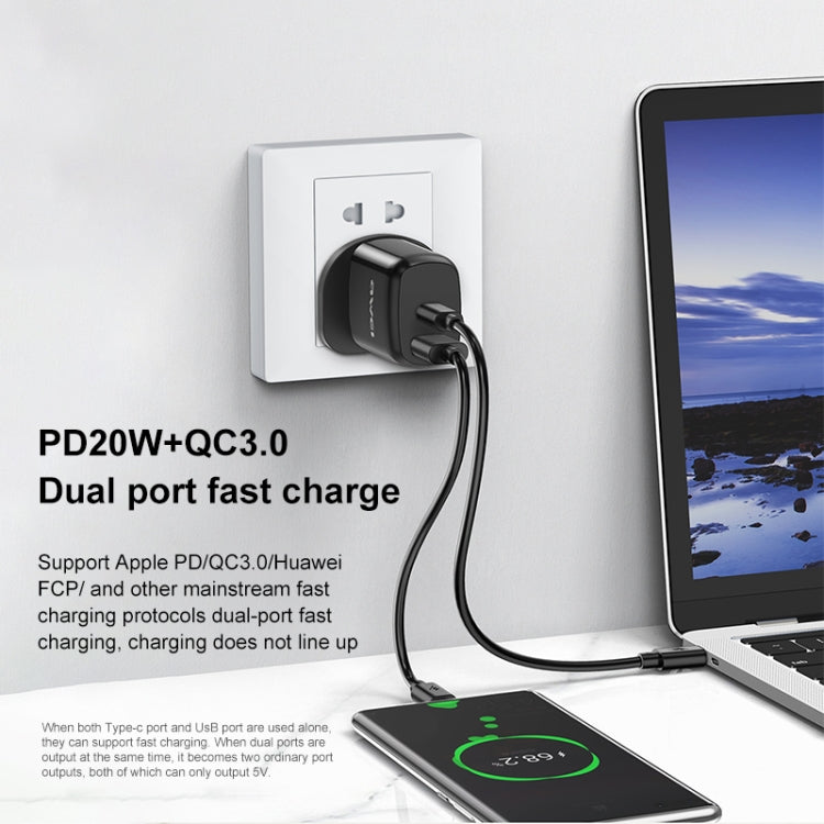 awei PD1 20W PD Type-C + QC 3.0 USB Interface Fast Charging Travel Charger with Data Cable, UK Plug Eurekaonline