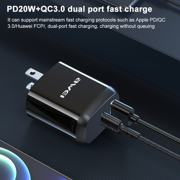 awei PD3 20W PD Type-C + QC 3.0 USB Interface Fast Charging Travel Charger with Data Cable, US Plug Eurekaonline