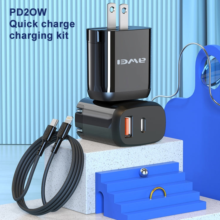 awei PD3 20W PD Type-C + QC 3.0 USB Interface Fast Charging Travel Charger with Data Cable, US Plug Eurekaonline