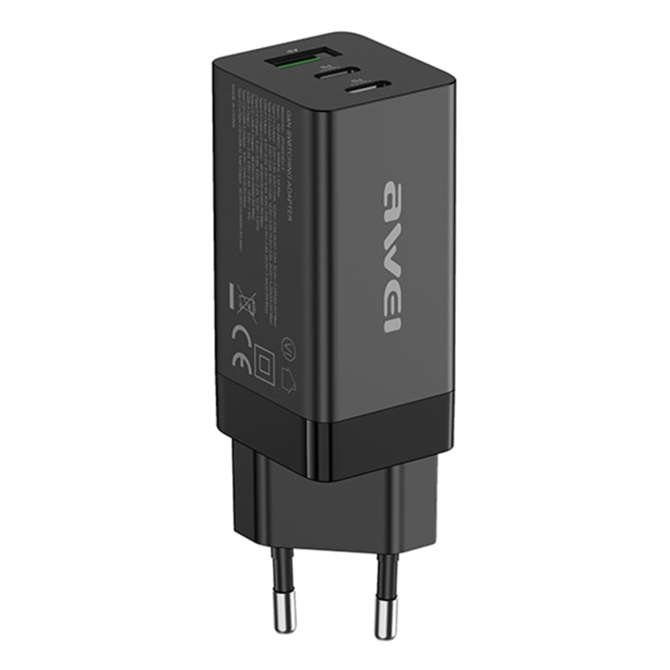 awei PD9 65W Dual Type-C / USB-C + USB GaN Fast Charging Travel Charger, EU Plug(Black) Eurekaonline