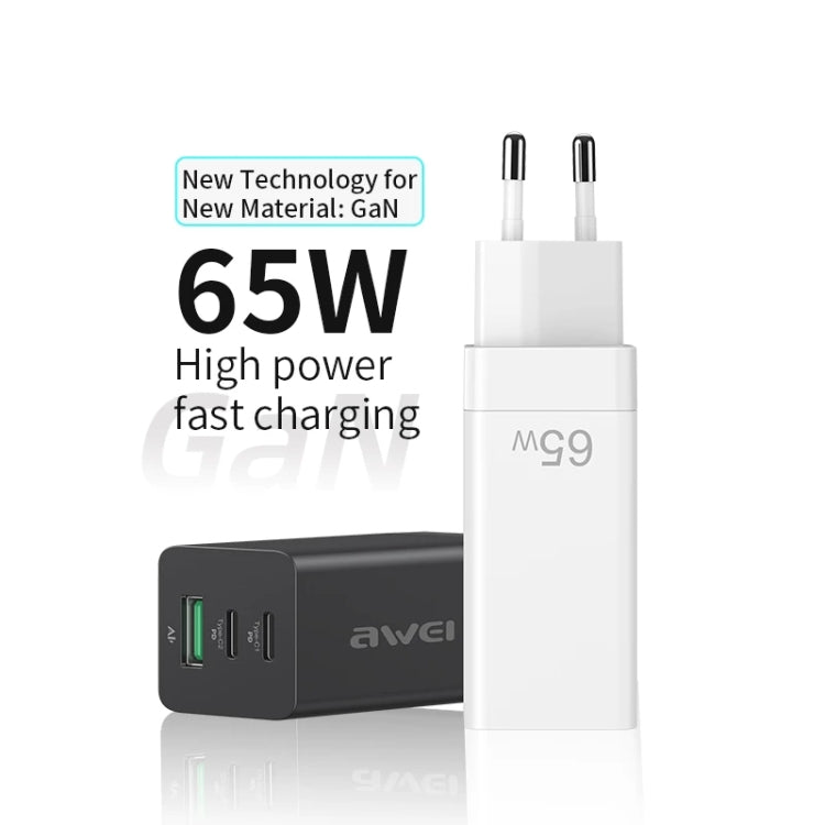 awei PD9 65W Dual Type-C / USB-C + USB GaN Fast Charging Travel Charger, EU Plug(Black) Eurekaonline