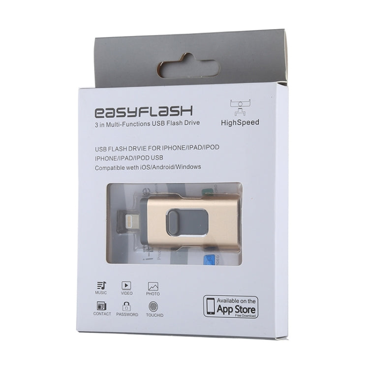 easyflash RQW-01B 3 in 1 USB 2.0 & 8 Pin & Micro USB 128GB Flash Drive(Gold) Eurekaonline