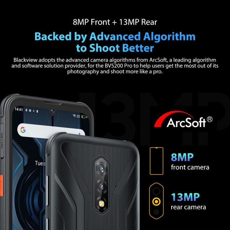 [HK Warehouse] Blackview BV5200 Pro Rugged Phone, 4GB+64GB, IP68/IP69K/MIL-STD-810H, Face Unlock, 5180mAh Battery, 6.1 inch Android 12 MTK6765 Helio G35 Octa Core up to 2.3GHz, Network: 4G, NFC, OTG, Dual SIM(Black) - Eurekaonline