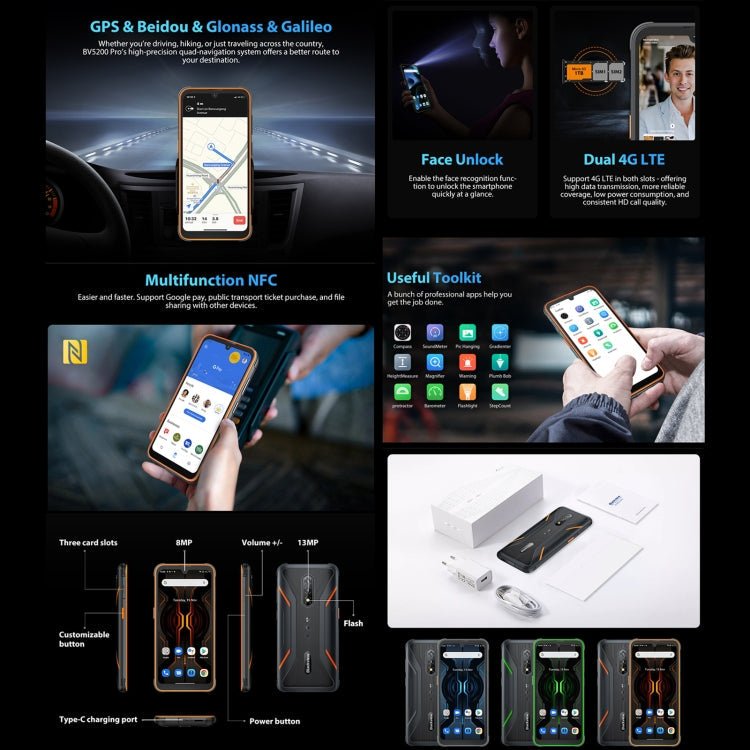 [HK Warehouse] Blackview BV5200 Pro Rugged Phone, 4GB+64GB, IP68/IP69K/MIL-STD-810H, Face Unlock, 5180mAh Battery, 6.1 inch Android 12 MTK6765 Helio G35 Octa Core up to 2.3GHz, Network: 4G, NFC, OTG, Dual SIM(Green) - Eurekaonline