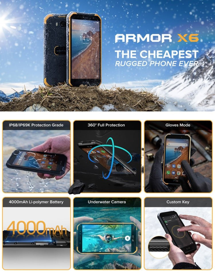 [HK Warehouse] Ulefone Armor X6 Rugged Phone, 2GB+16GB, IP68/IP69K Waterproof Dustproof Shockproof, Face Identification, 4000mAh Battery, 5.0 inch Android 9.0 MTK6580A/W Quad Core up to 1.3GHz, Network: 3G(Black) - Eurekaonline