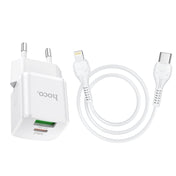 hoco N20 PD 20W Type-C / USB-C + QC 3.0 USB Mini Dual Fast Charger with Type-C / USB-C to 8 Pin Data Cable , EU Plug (White) Eurekaonline